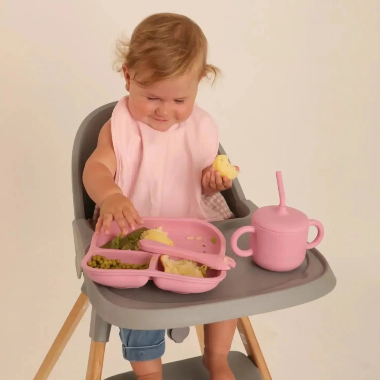 Kit Deluxe Babero + Vajilla BLW Pink 9 Piezas de Silicona orgánica con ventosas Nenina & Co