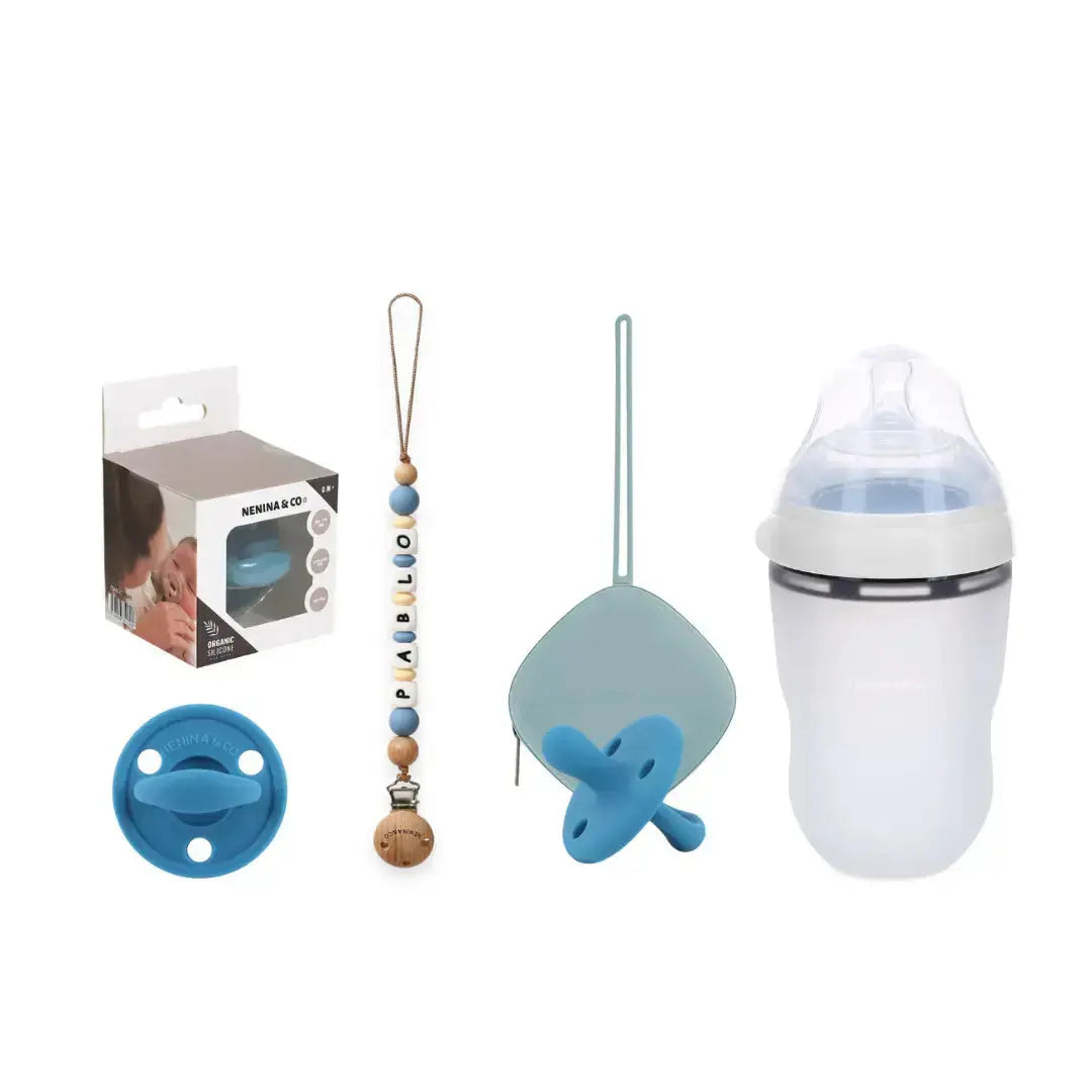 Kit Chupete Clásico Dusty Blue de Silicona + Chupetero con Nombre y Guardachupetes | Nenina & Co.