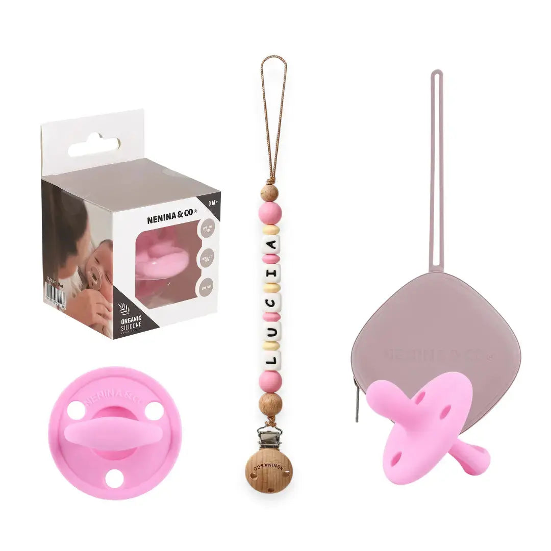 Kit Chupete Clásico Rosa Chicle de Silicona + Chupetero con Nombre y Guardachupetes | Nenina & Co.