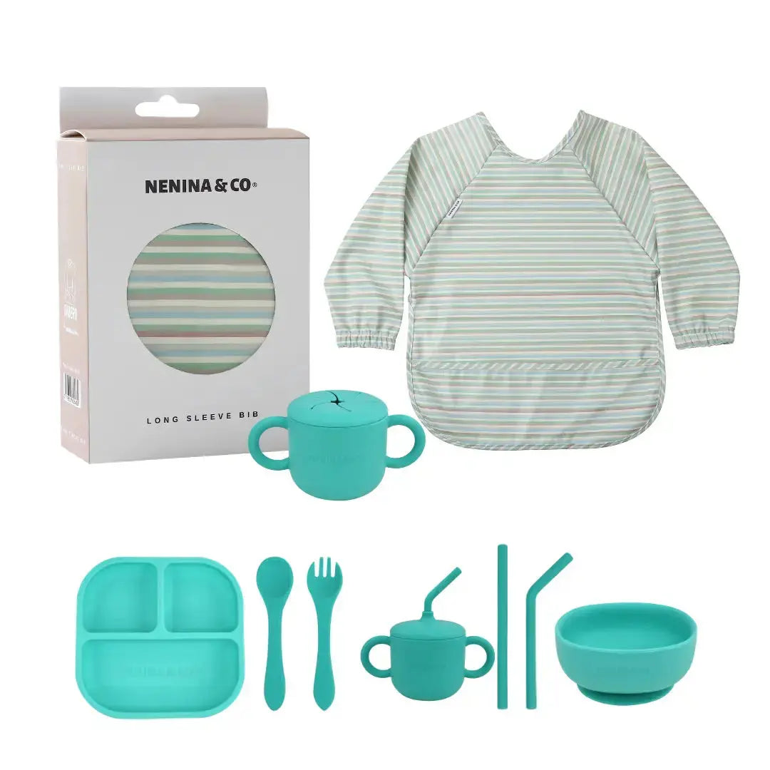 Kit Deluxe Babero + Vajilla BLW Mint 9 Piezas de Silicona orgánica con ventosas Nenina & Co
