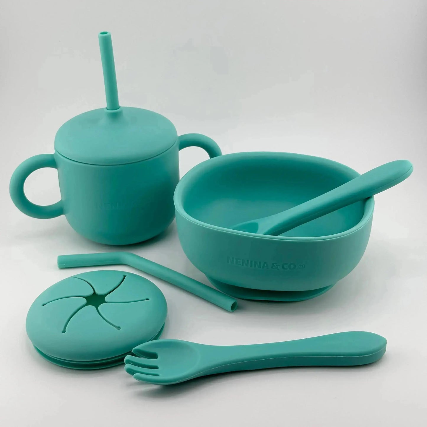 Kit Deluxe Babero + Vajilla BLW Mint 9 Piezas de Silicona orgánica con ventosas + Chupete Classic Breat Nenina & Co