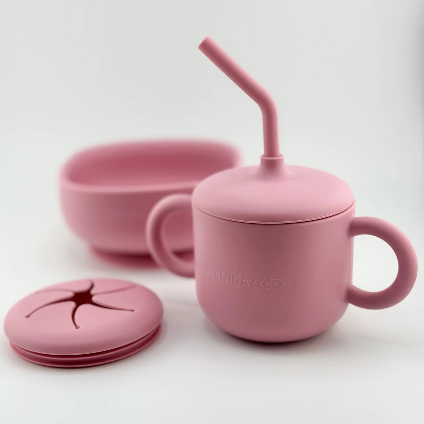 Kit Deluxe Babero + Vajilla BLW Pink 9 Piezas de Silicona orgánica con ventosas + Chupete Classic Breat Nenina & Co