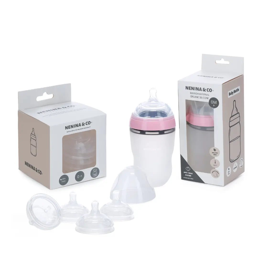 Pack Nuevo Biberon Calidad  Rosa + Repuesto x 4 Tetinas de silicona  Nenina & Co