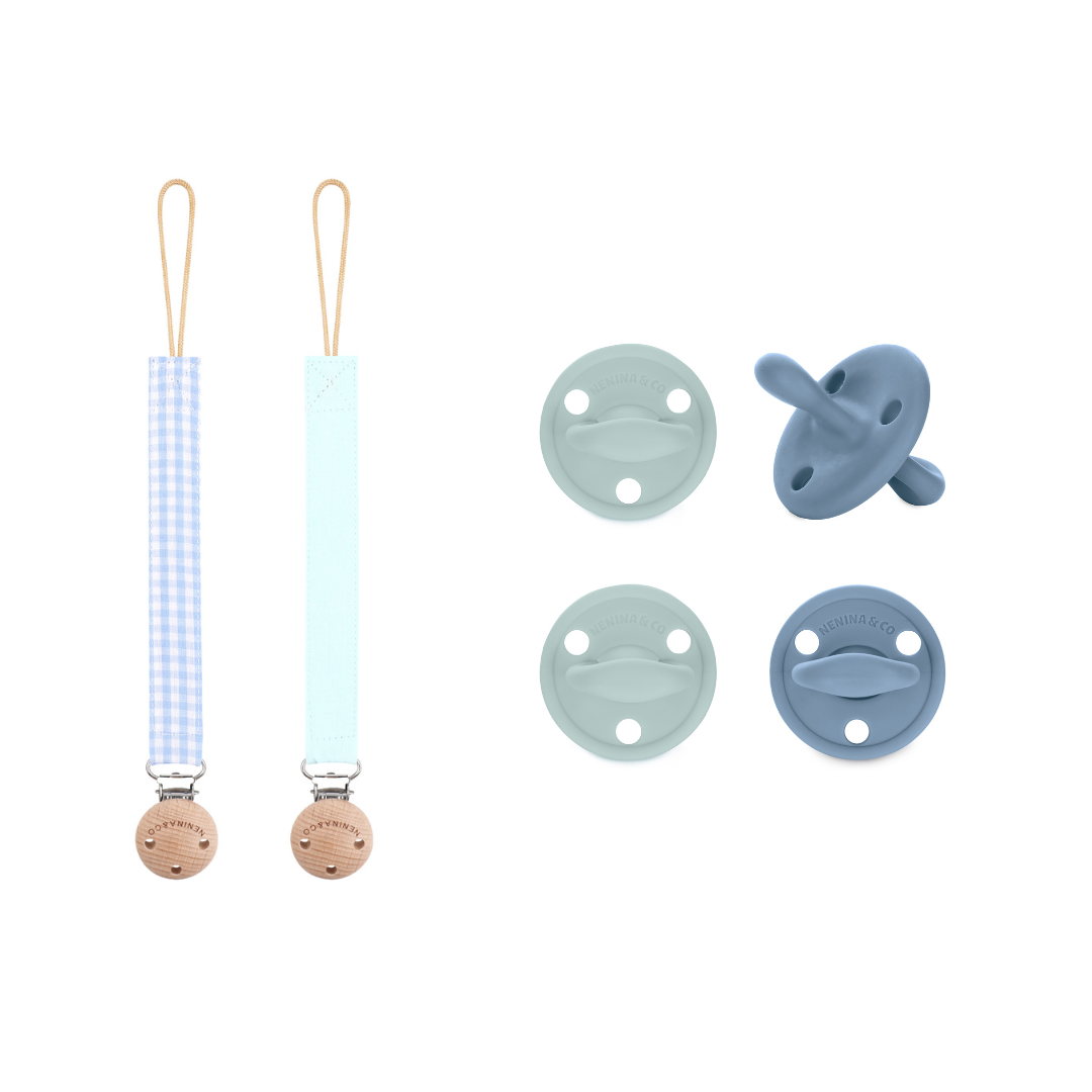 Pack 2 chupetes + Pack 2 chupeteros Celeste y Azul DIAMOND By Nenina & Co