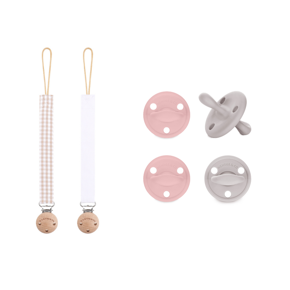 
                      
                        Pack 2 chupetes + Pack 2 chupeteros Beige y Rosa DIAMOND By Nenina & Co
                      
                    