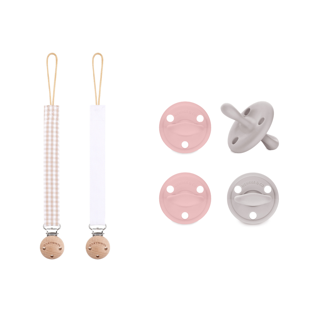 
                  
                    Pack 2 chupetes + Pack 2 chupeteros Beige y Rosa DIAMOND By Nenina & Co
                  
                