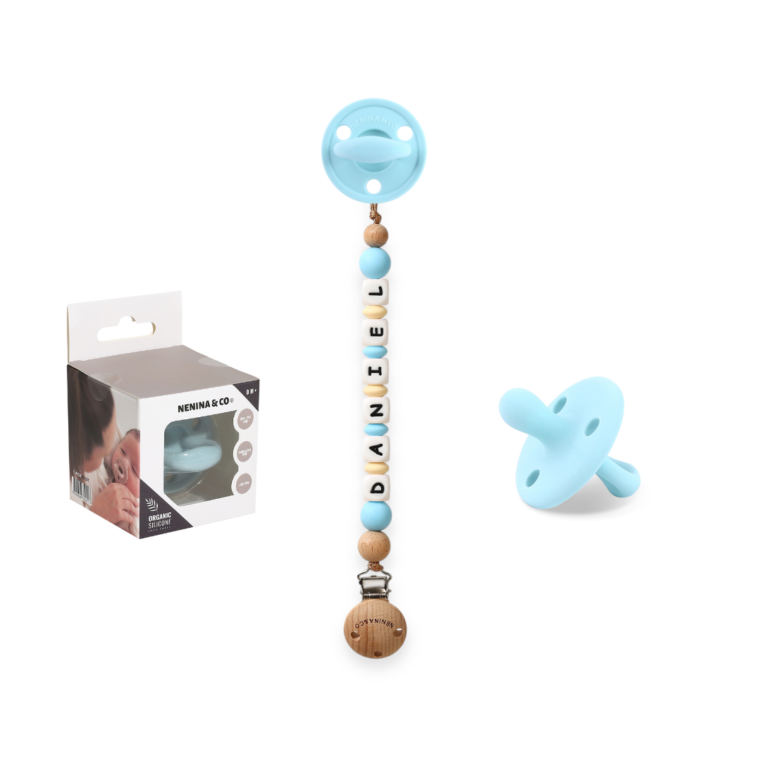 Chupetero personalizado Celeste + Chupete Celestes Clásico Nenina & Co 