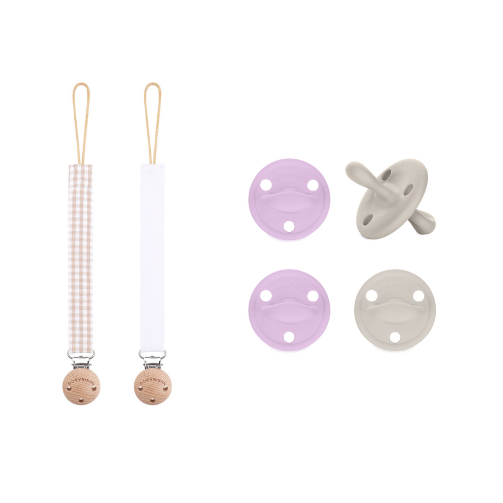 
                      
                        Pack 2 chupetes + Pack 2 chupeteros Beige y Lila DIAMOND By Nenina & Co
                      
                    