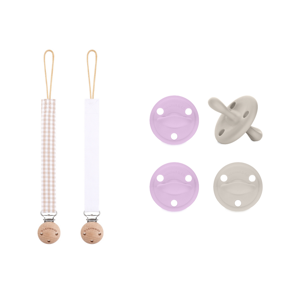 Pack 2 chupetes + Pack 2 chupeteros Beige y Lila DIAMOND By Nenina & Co (copia)