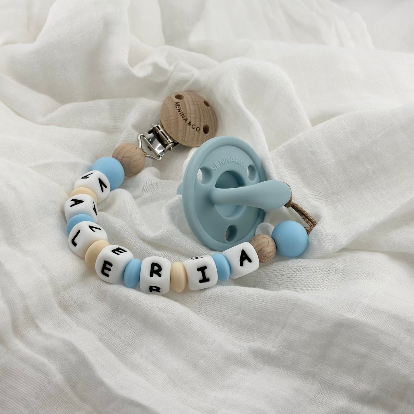 Kit Chupete Clásico Celeste  de Silicona + Chupetero con Nombre | Nenina & Co. 