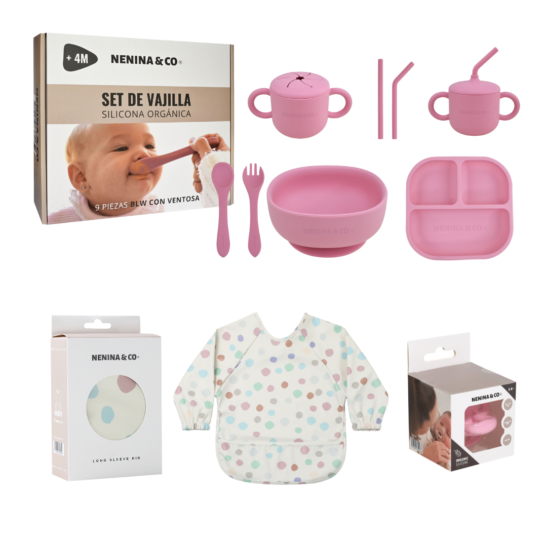 Kit Deluxe Babero + Vajilla BLW Pink 9 Piezas de Silicona orgánica con ventosas Nenina & Co (Copia) 
