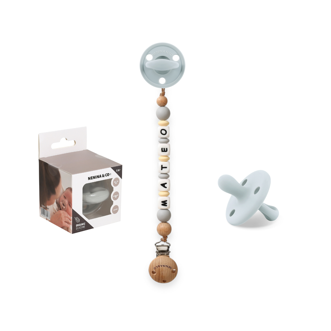Chupetero personalizado Gris + Chupete clásico gris Nenina & Co 
