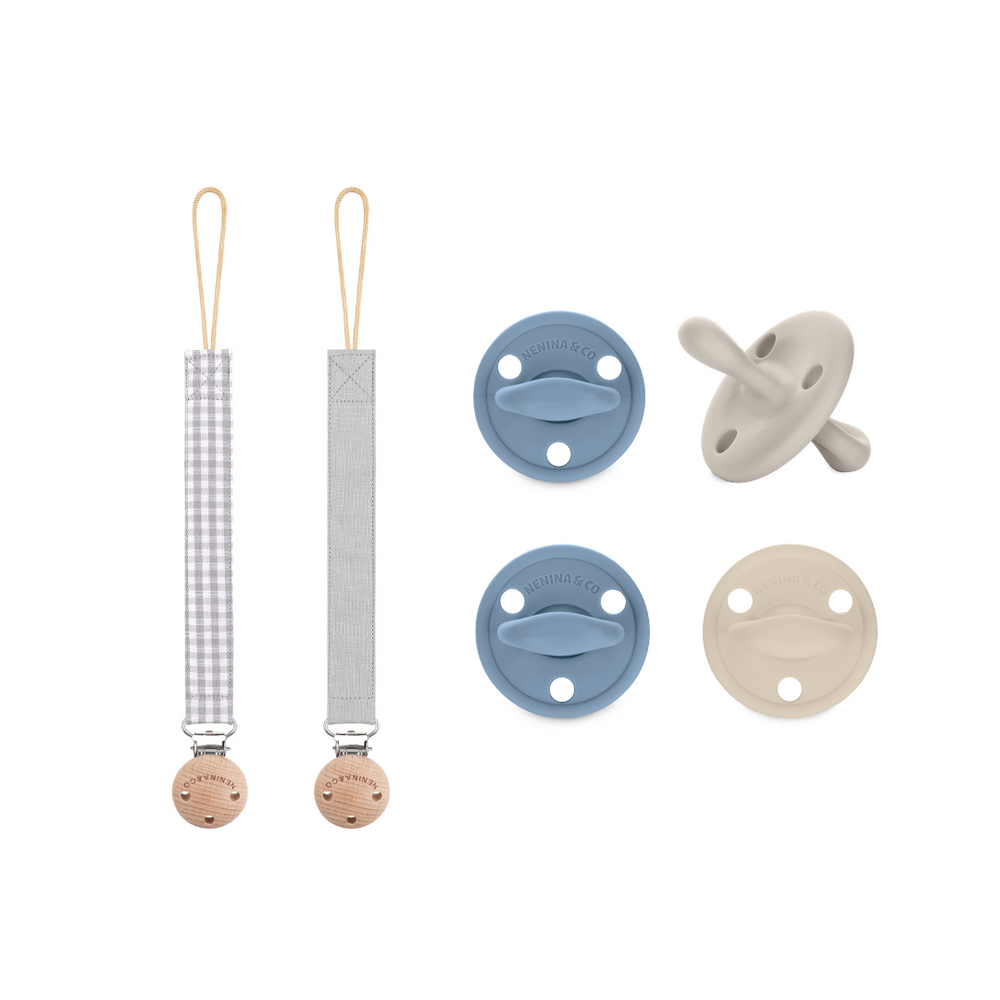 Pack 2 chupetes + Pack 2 chupeteros Azul y Beige  DIAMOND By Nenina & Co