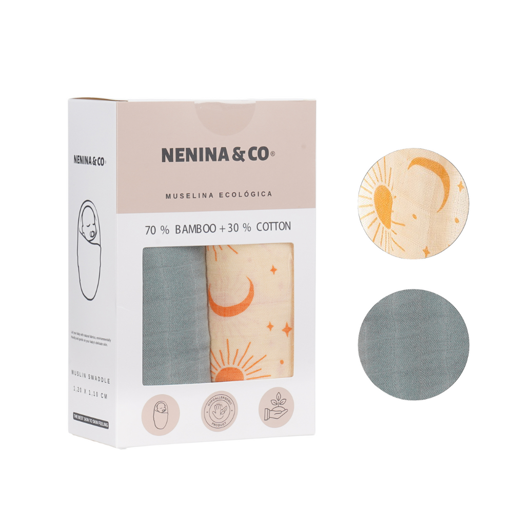 Pack 2 Muselinas Gris + Sol y Luna 70% Bamboo +30 % Algodón Nenina & Co