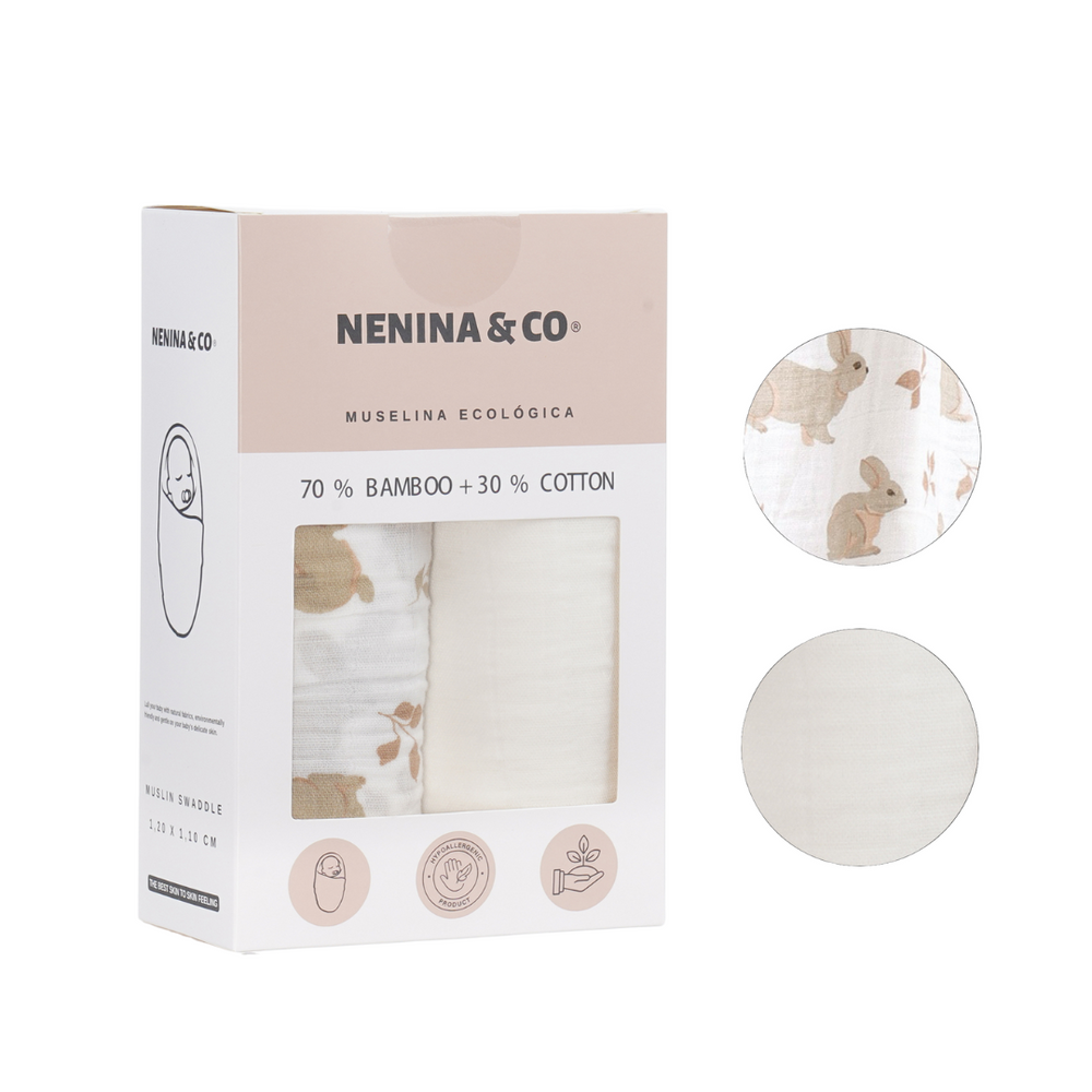 Pack 2 Muselinas Liebre + Blanca 70% Bamboo +30 % Algodón Nenina & Co