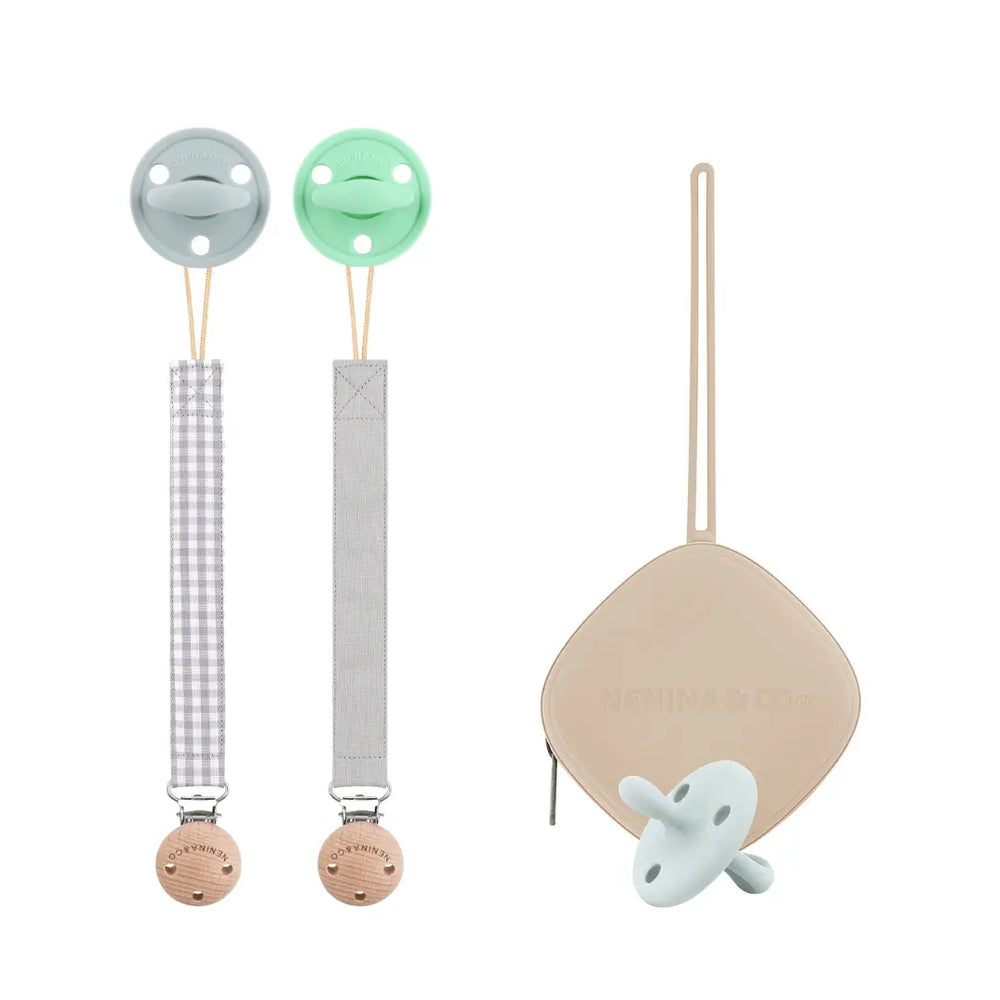 
                  
                    Kit 1 Guardachupete + 2 Chupeteros + 2 Chupetes Gris y Mint  DIAMOND Nenina & Co 
                  
                