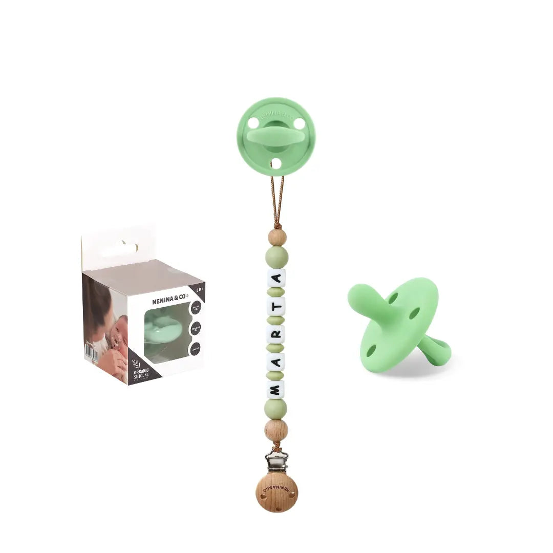 Kit Chupete Clásico Oliva de Silicona + Chupetero con Nombre | Nenina & Co. 