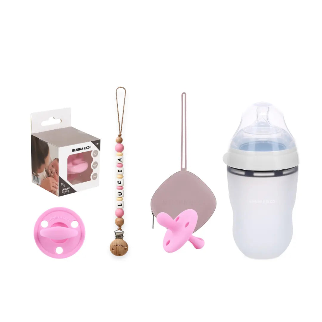 Kit Chupete Clásico Rosa Chicle de Silicona + Chupetero Personalizado, Guardachupetes y Biberón Maternal | Nenina & Co. 