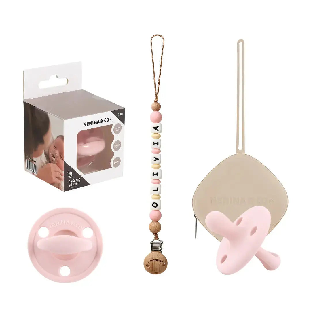 Kit Chupete Clásico Rosa pálido de Silicona + Chupetero con Nombre y Guardachupetes | Nenina & Co. 