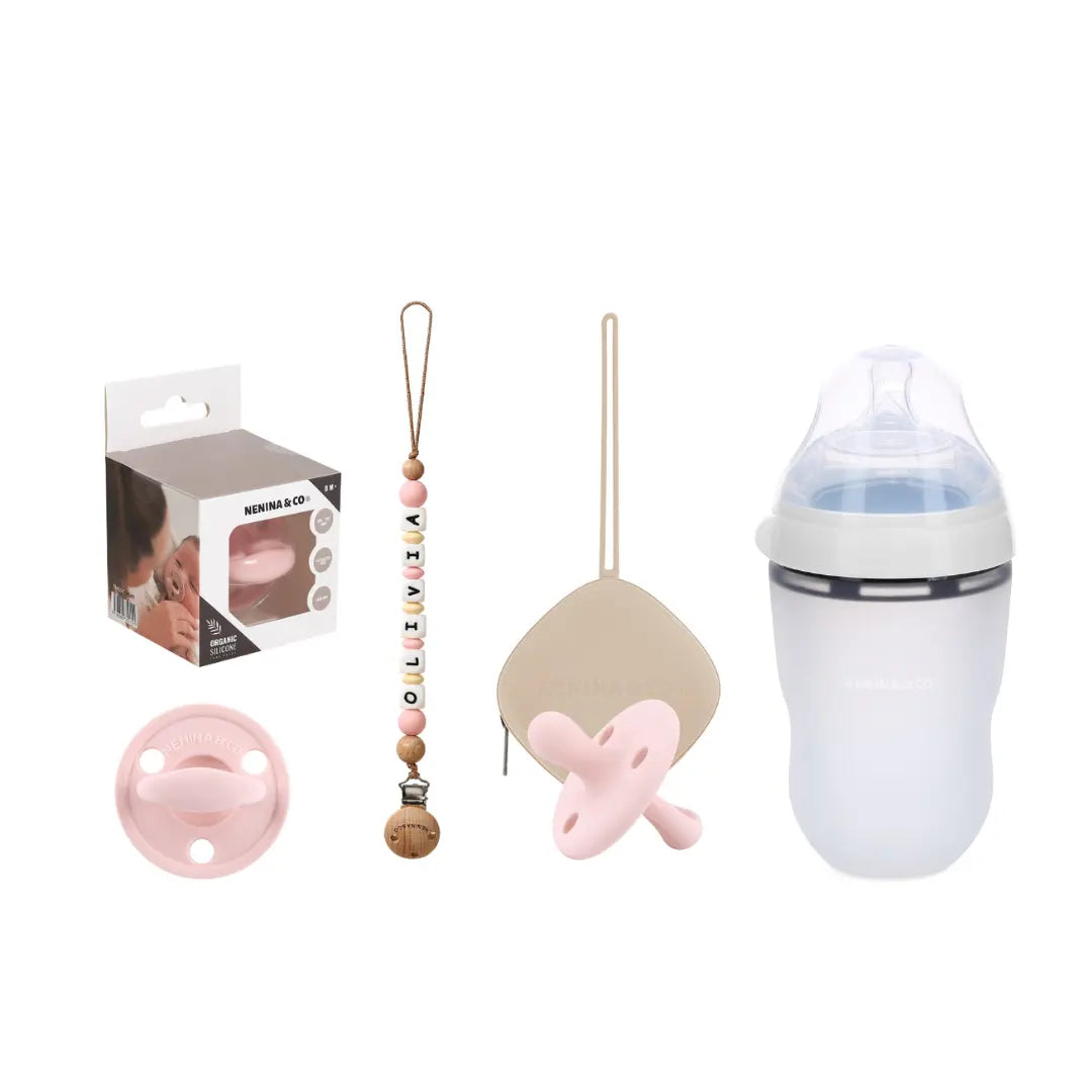 Kit Chupete Clásico Rosa Pálido de Silicona + Chupetero Personalizado, Guardachupetes y Biberón Maternal | Nenina & Co. 