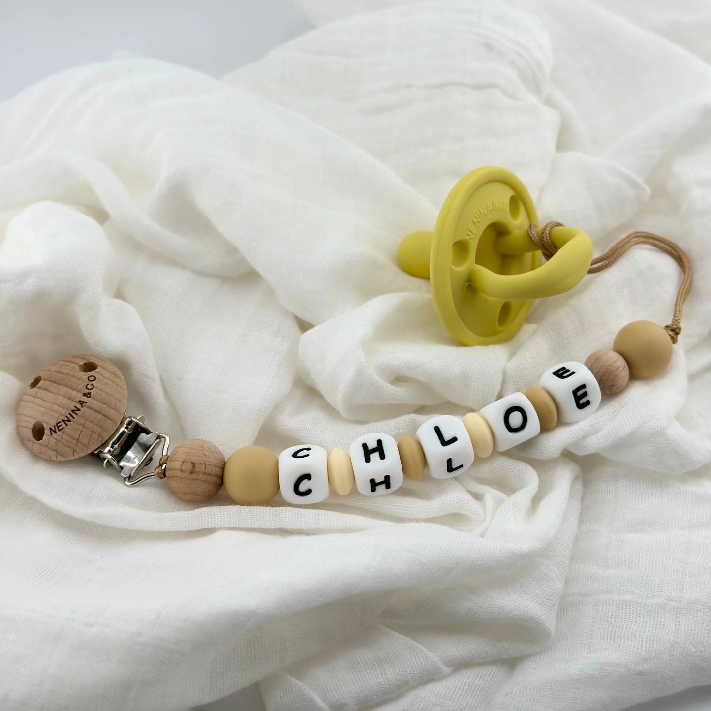 Kit Chupete Clásico de Silicona + Chupetero Beige con Nombre | Nenina & Co. 