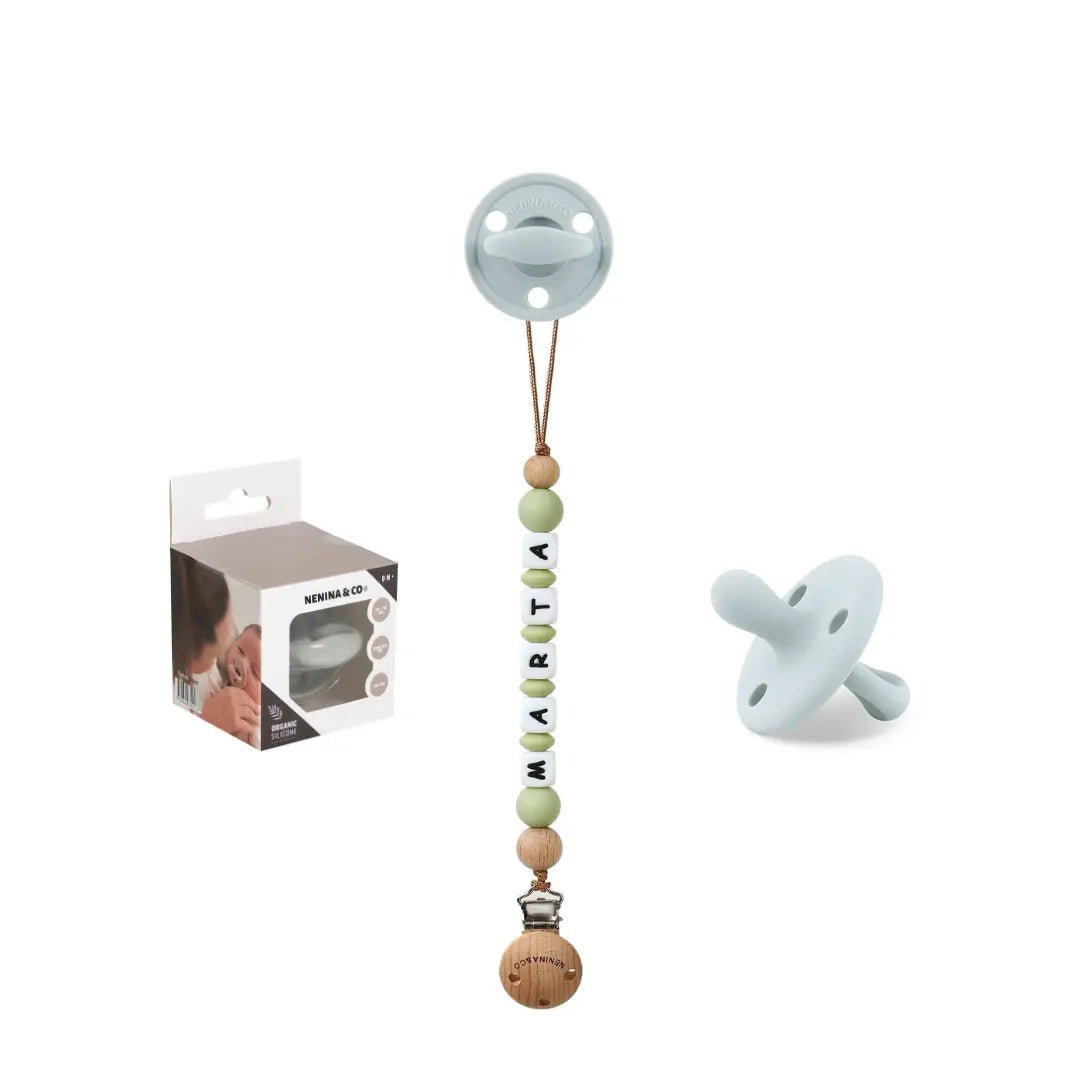 Kit Chupete Clásico de Silicona + Chupetero Oliva con Nombre | Nenina & Co. 