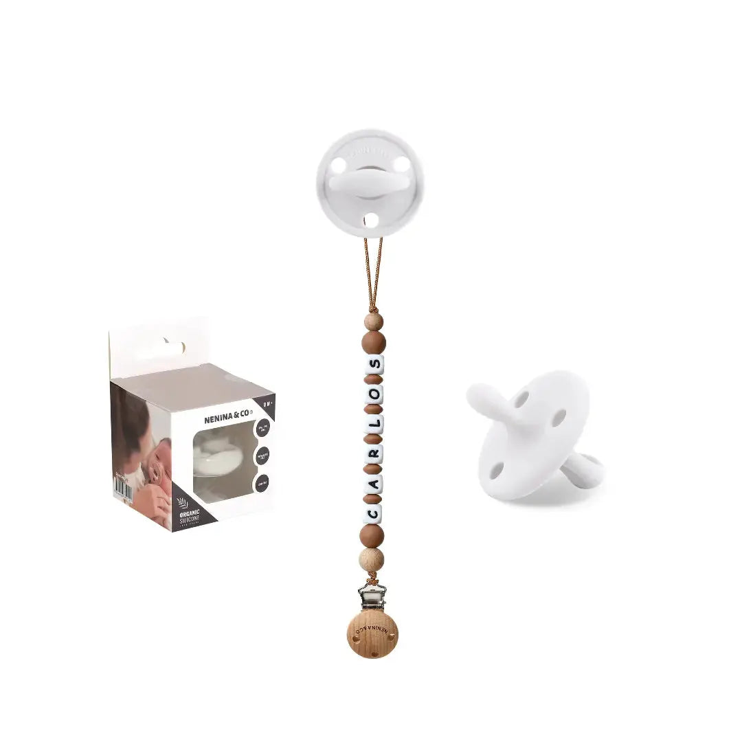 Kit Chupete Diamond Blanco roto de Silicona + Chupetero con Nombre | Nenina & Co. 