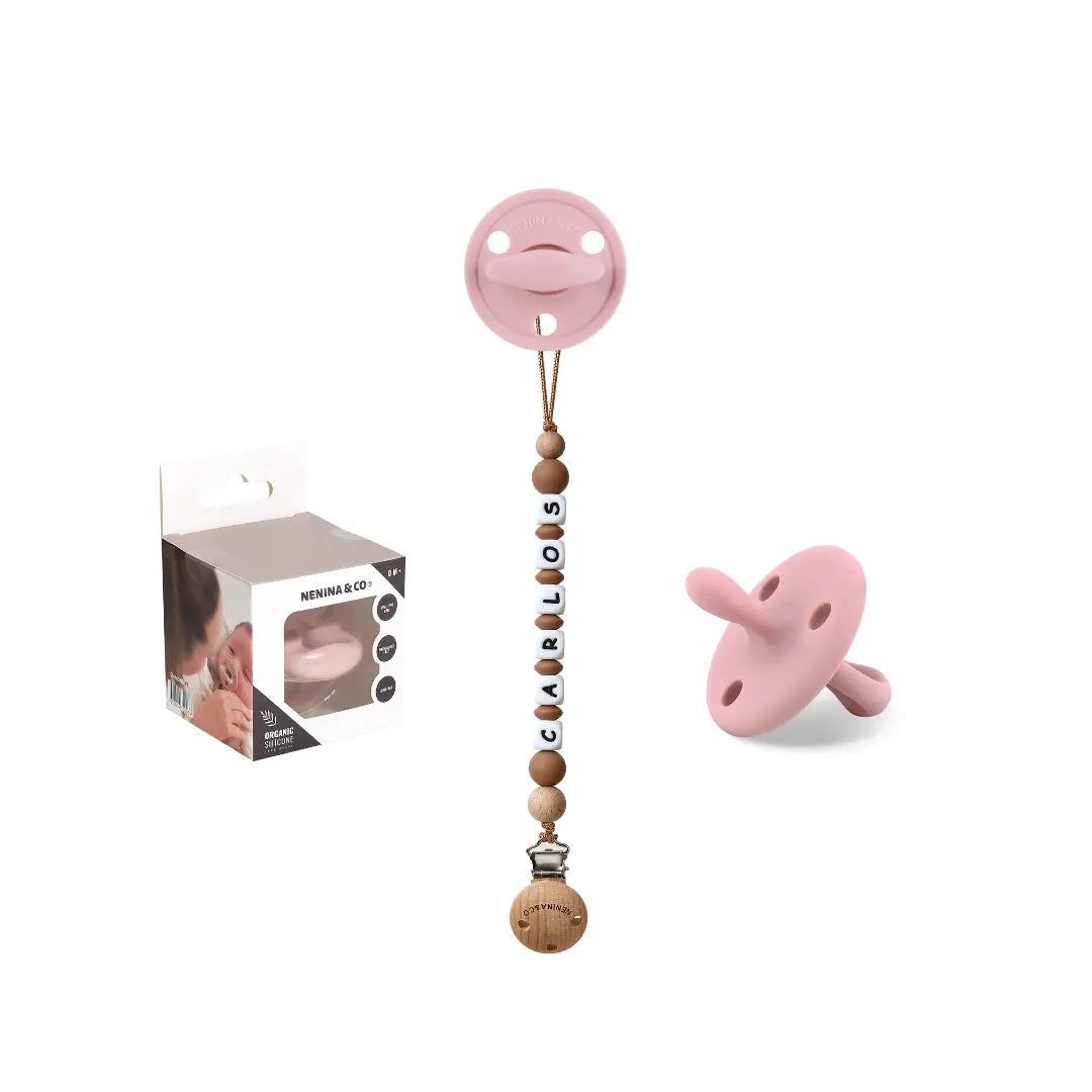 Kit Chupete Diamond Rosa pálido Silicona + Chupetero con Nombre | Nenina & Co. 
