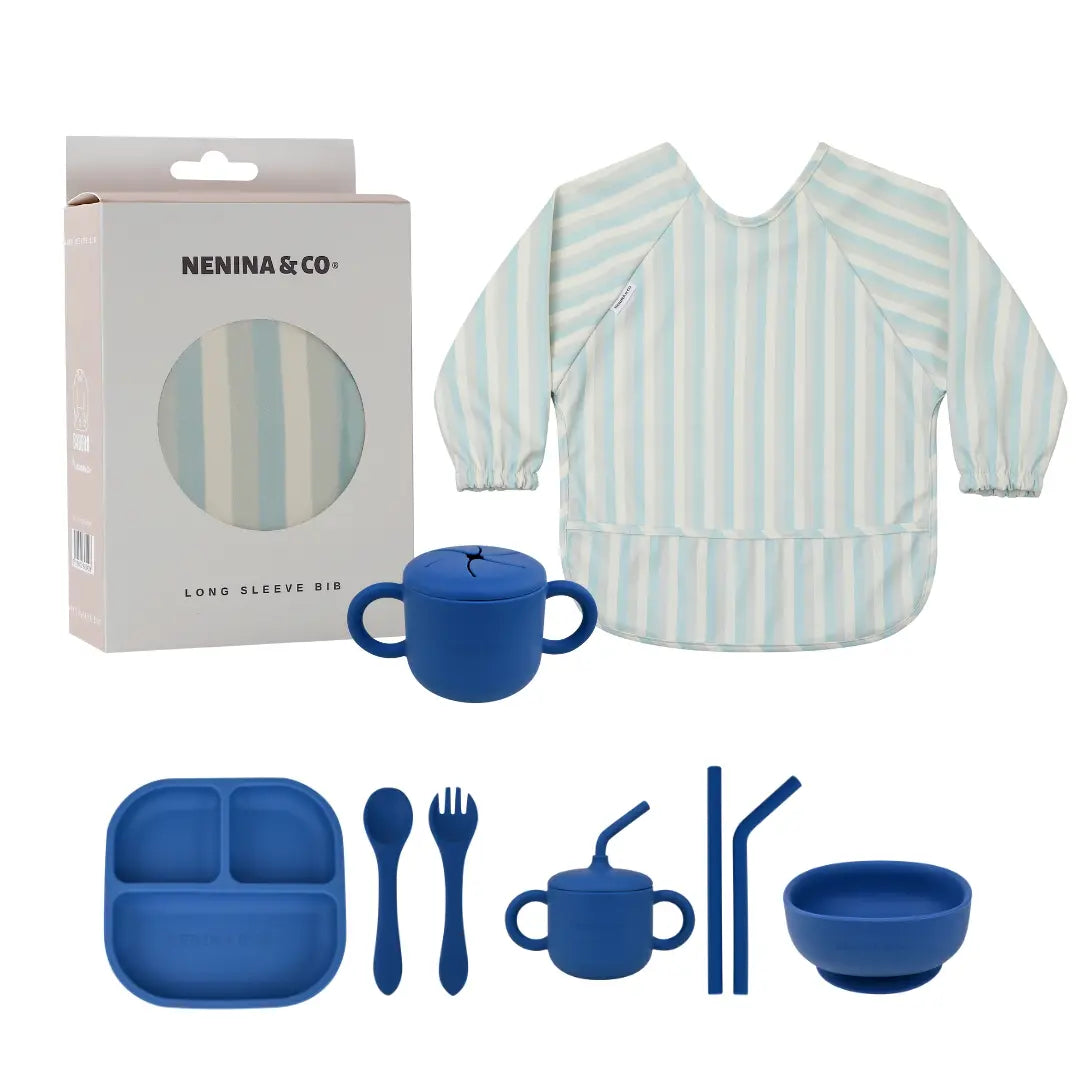 Kit Deluxe Babero + Vajilla BLW Blue 9 Piezas de Silicona orgánica con ventosas Nenina & Co 