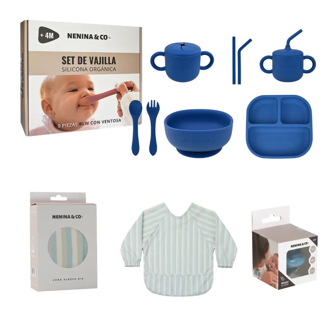 Kit Deluxe Babero + Vajilla BLW Blue 9 Piezas de Silicona orgánica con ventosas + Chupete Classic Breat Nenina & Co ) 