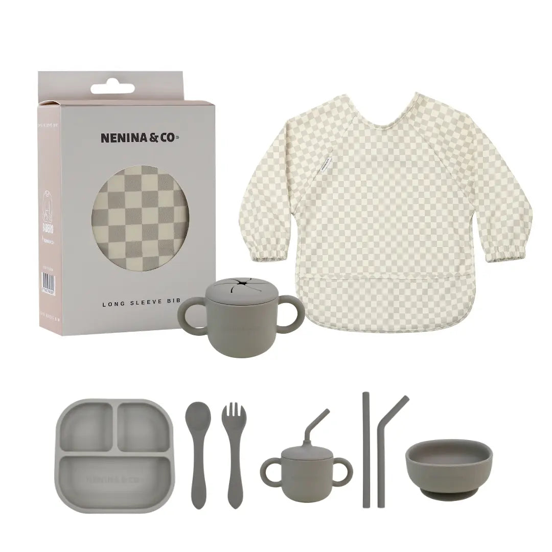 Kit Deluxe Babero + Vajilla BLW Gris 9 Piezas de Silicona orgánica con ventosas Nenina & Co 