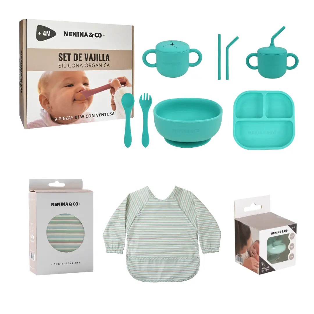 Kit Deluxe Babero + Vajilla BLW Mint 9 Piezas de Silicona orgánica con ventosas + Chupete Classic Breat Nenina & Co 