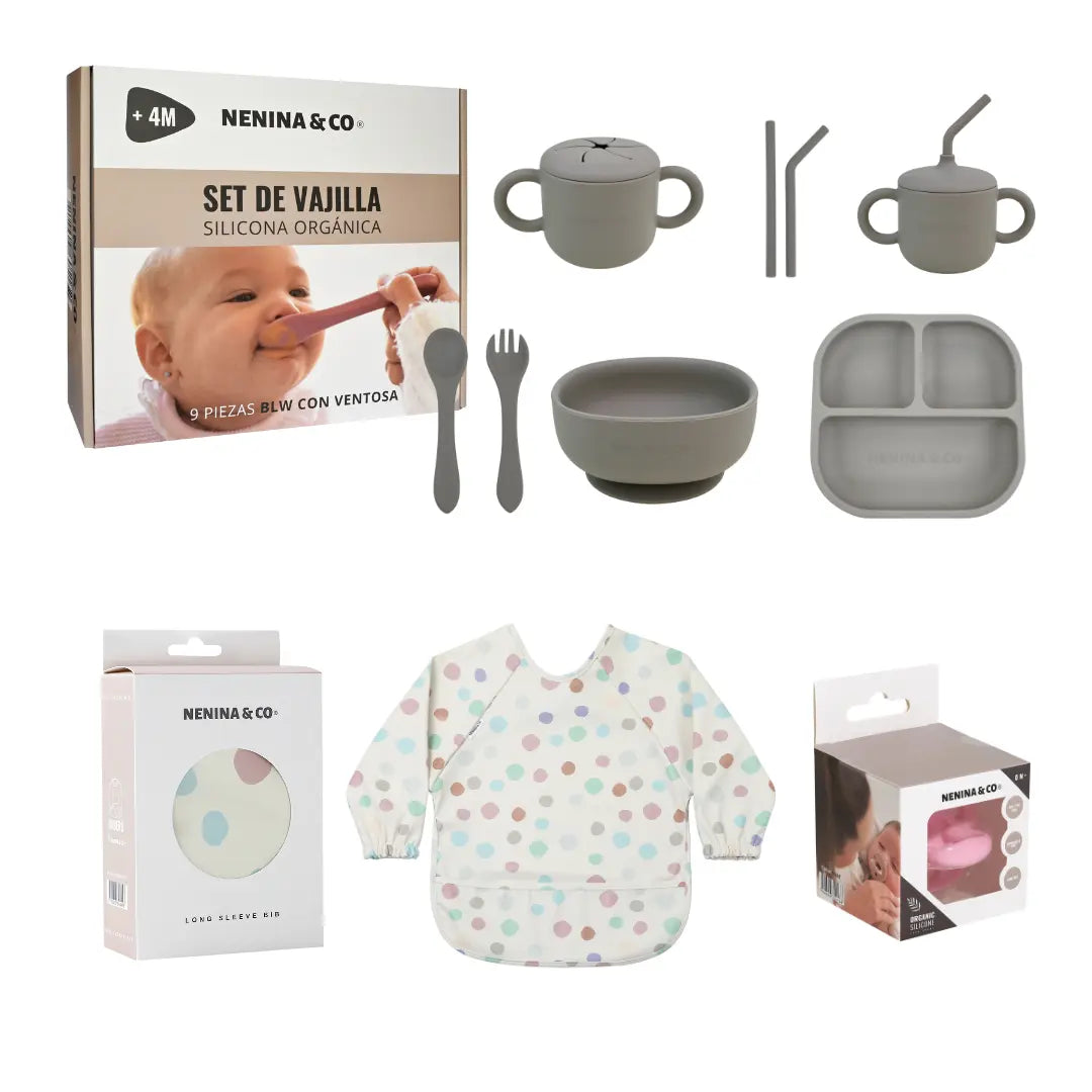 Kit Deluxe Vajilla + Babero BLW Pink 9 Piezas de Silicona orgánica con ventosas Nenina & Co 