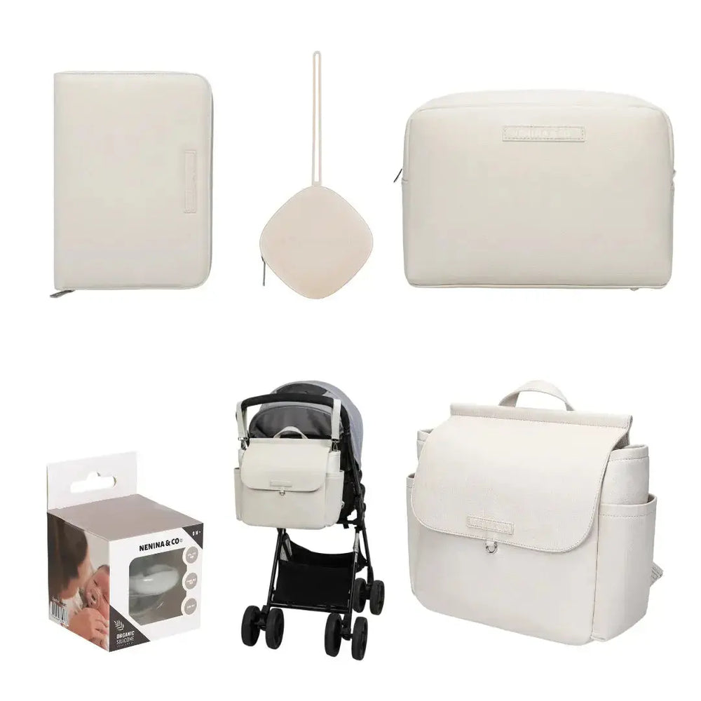 KIT NACIMIENTO Portadocumento + Guardachupete + Neceser + Cambiador + Bolso maternal + Chupete Classic Breat Nenina & Co 