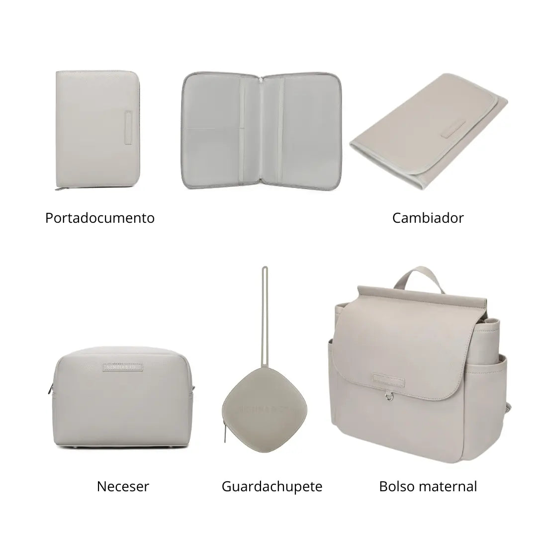 Kit Nacimiento - Bolso Maternal + Cambiador + Neceser + Portadocumento + Guardachupete Mirem By Nenina & Co 