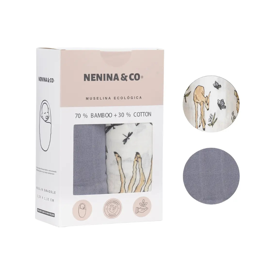 Pack 2 Muselinas Gris + Bambi  70% Bamboo +30 % Algodón Nenina & Co