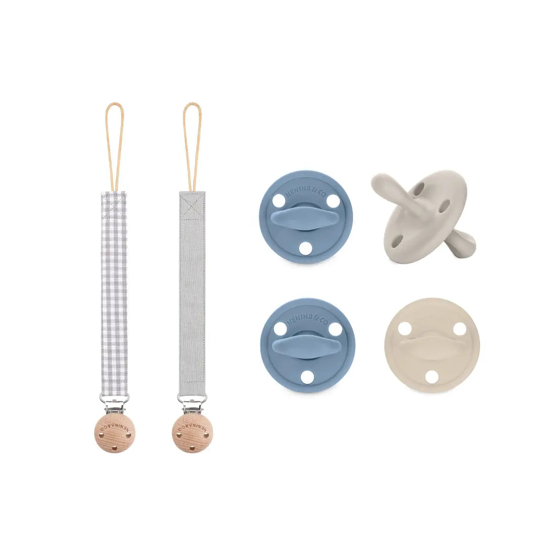 Pack 2 chupetes + Pack 2 chupeteros Azul y Beige  DIAMOND By Nenina & Co