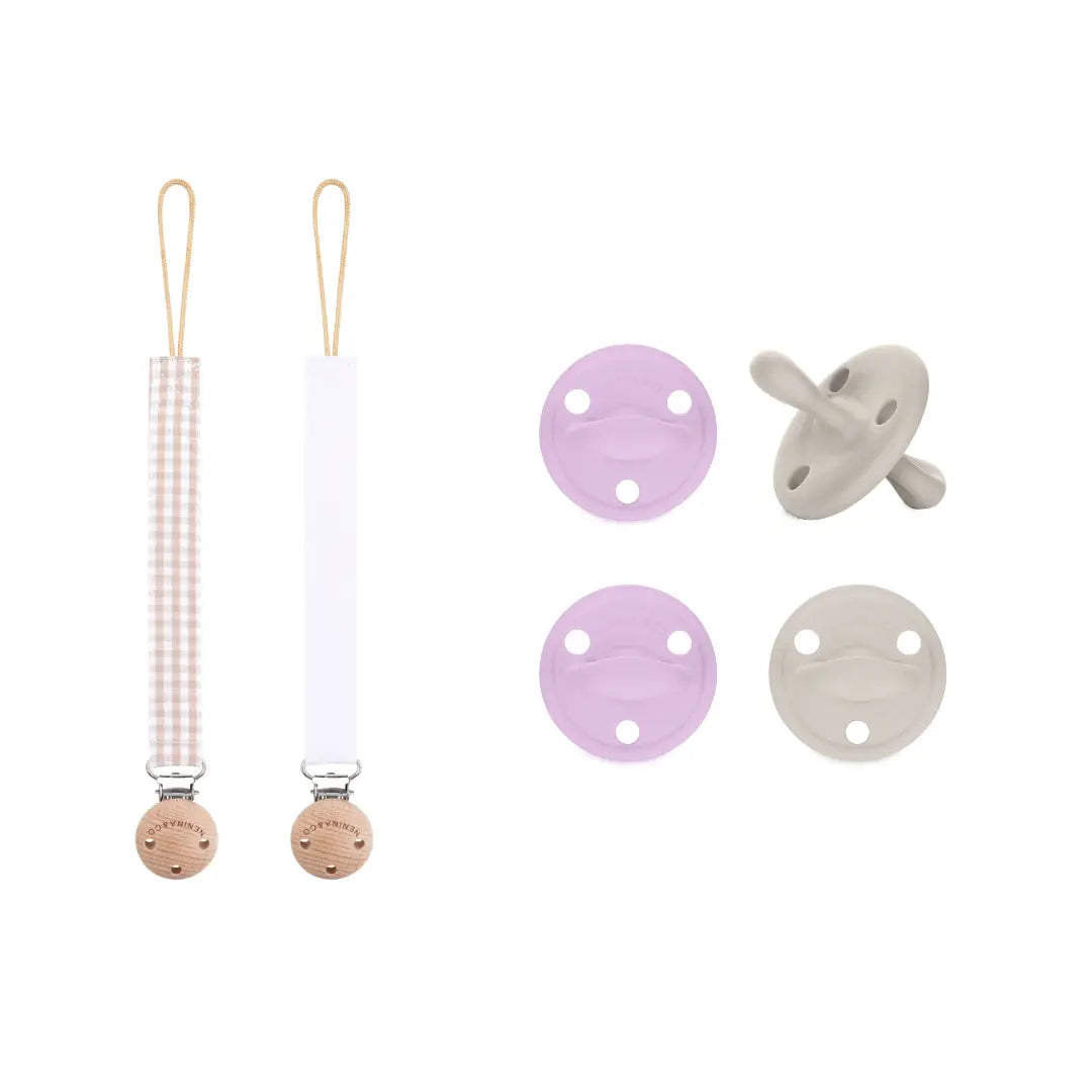 Pack 2 chupetes + Pack 2 chupeteros Beige y Lila DIAMOND By Nenina & Co