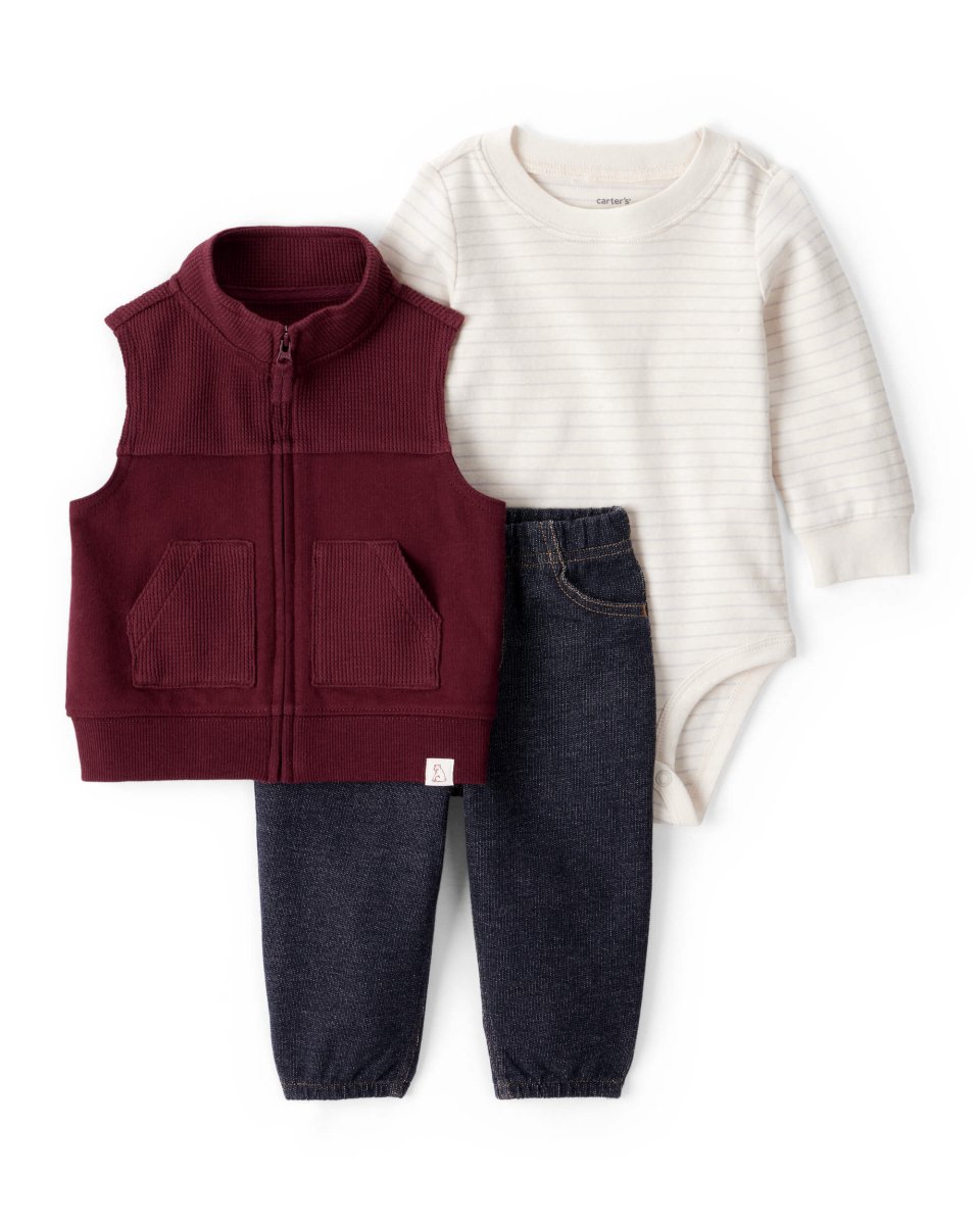Conjunto 3 piezas body, chaleco rojo y pantalón denim - Carter's