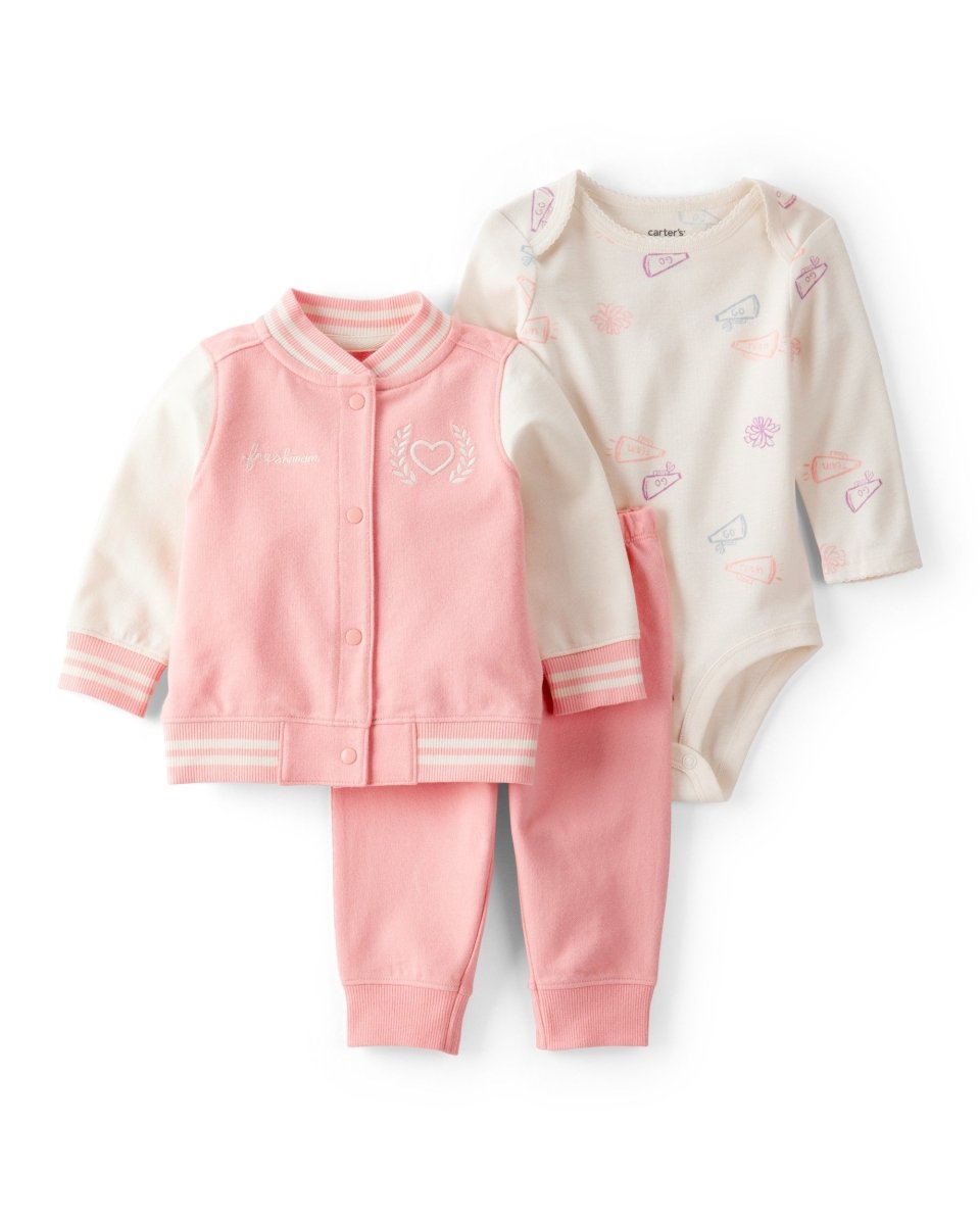Conjunto 3 piezas cárdigan rosa sólido estilo varsity para bebé niña - Carter's
