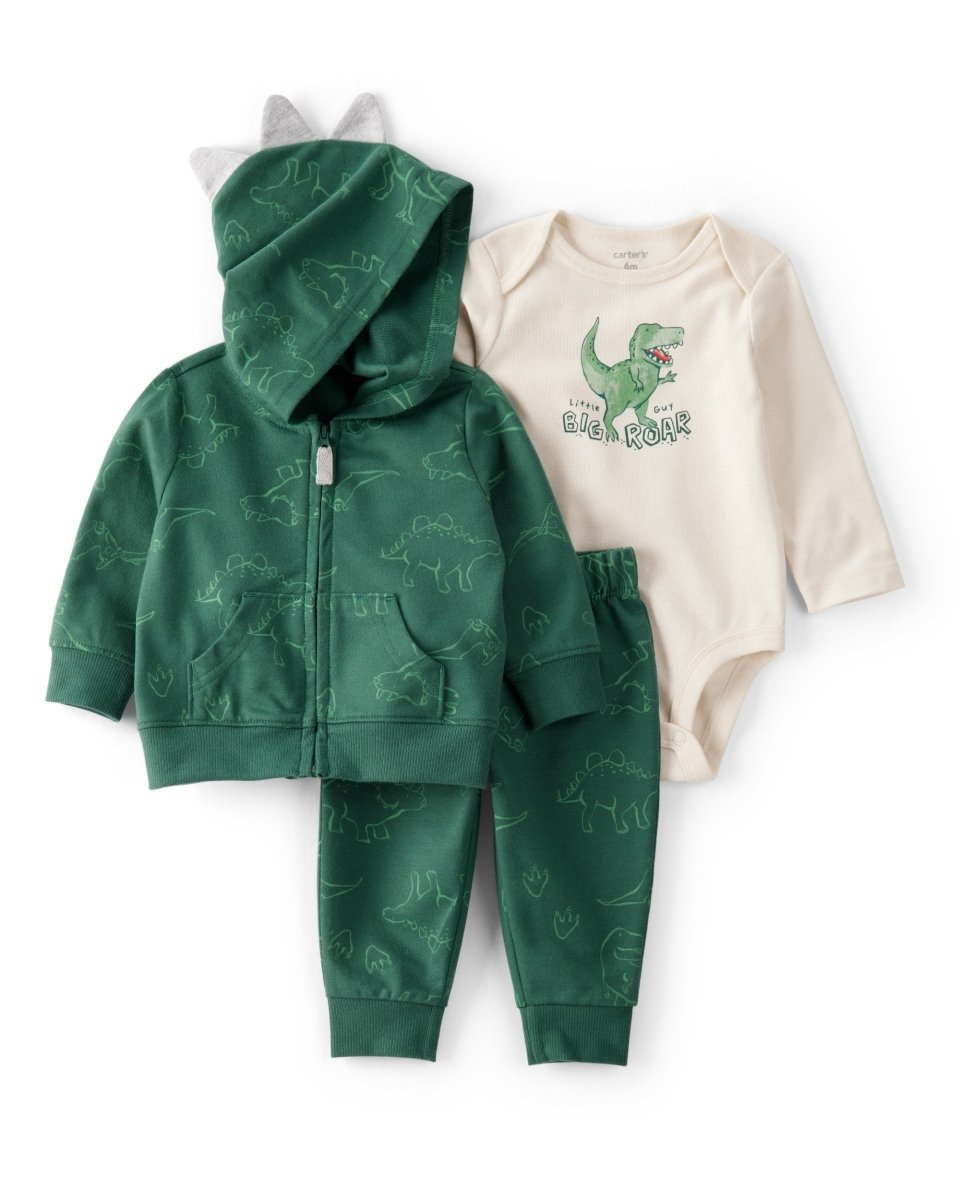 Conjunto 3 piezas cárdigan verde con estampado de dinosaurios para bebé niño - Carter's