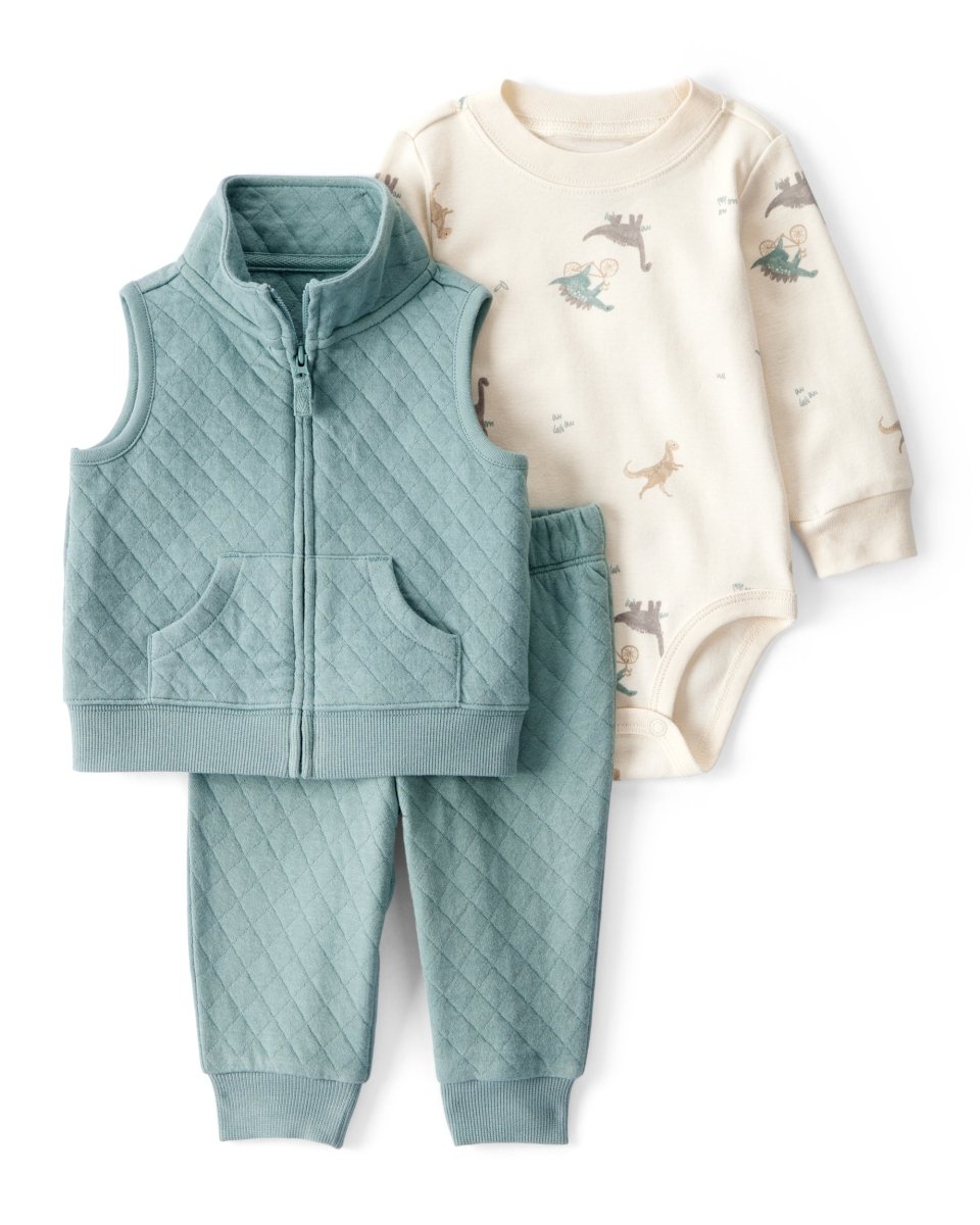 Conjunto 3 piezas con chaleco acolchado verde menta y dinosaurio para bebé niño - Carter's