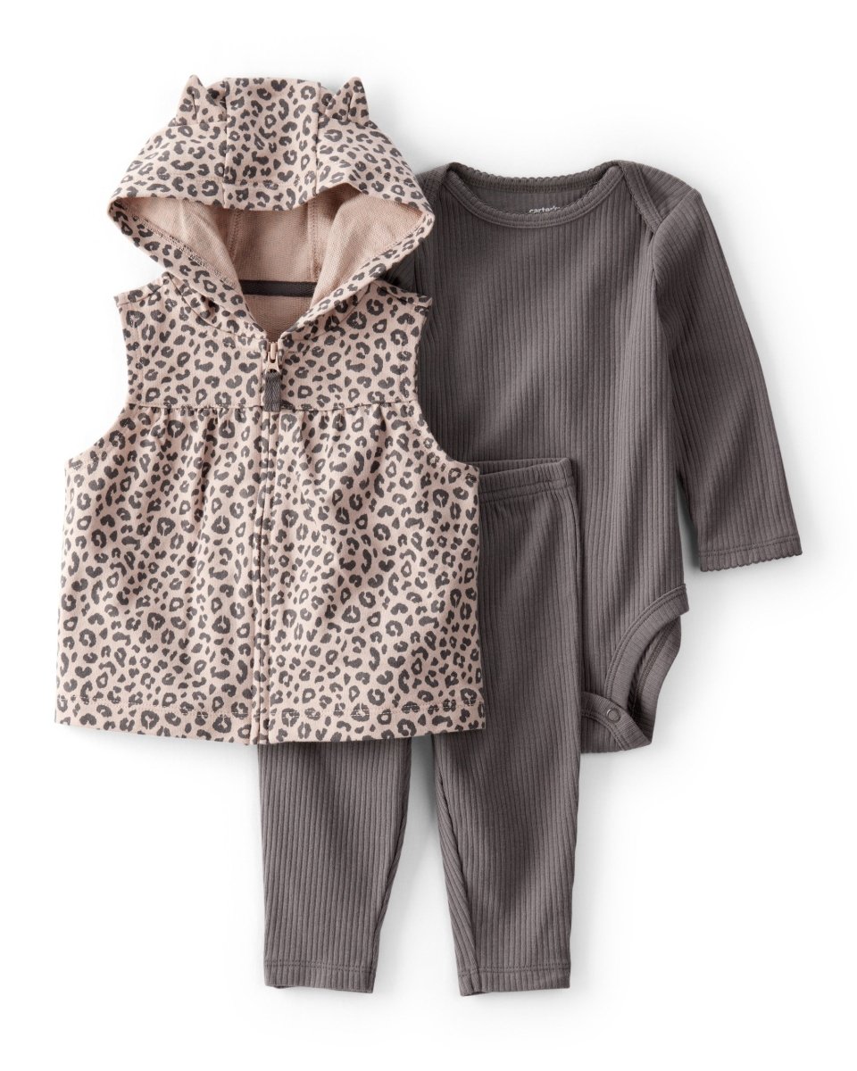 Conjunto 3 piezas con chaleco gris carbón y estampado de leopardo para bebé niña - Carter's