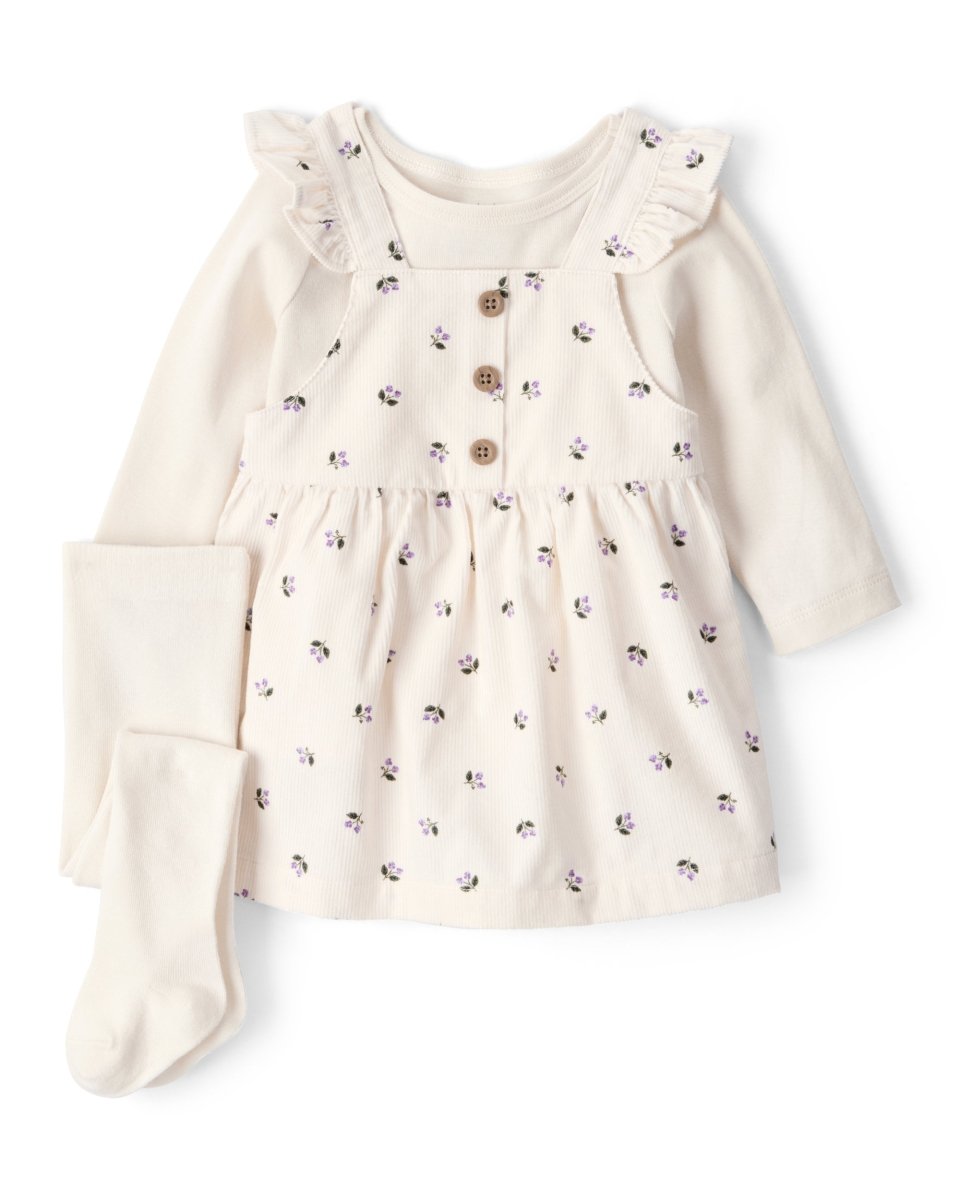 Conjunto 3 piezas con vestido jumper floral de pana - Carter's