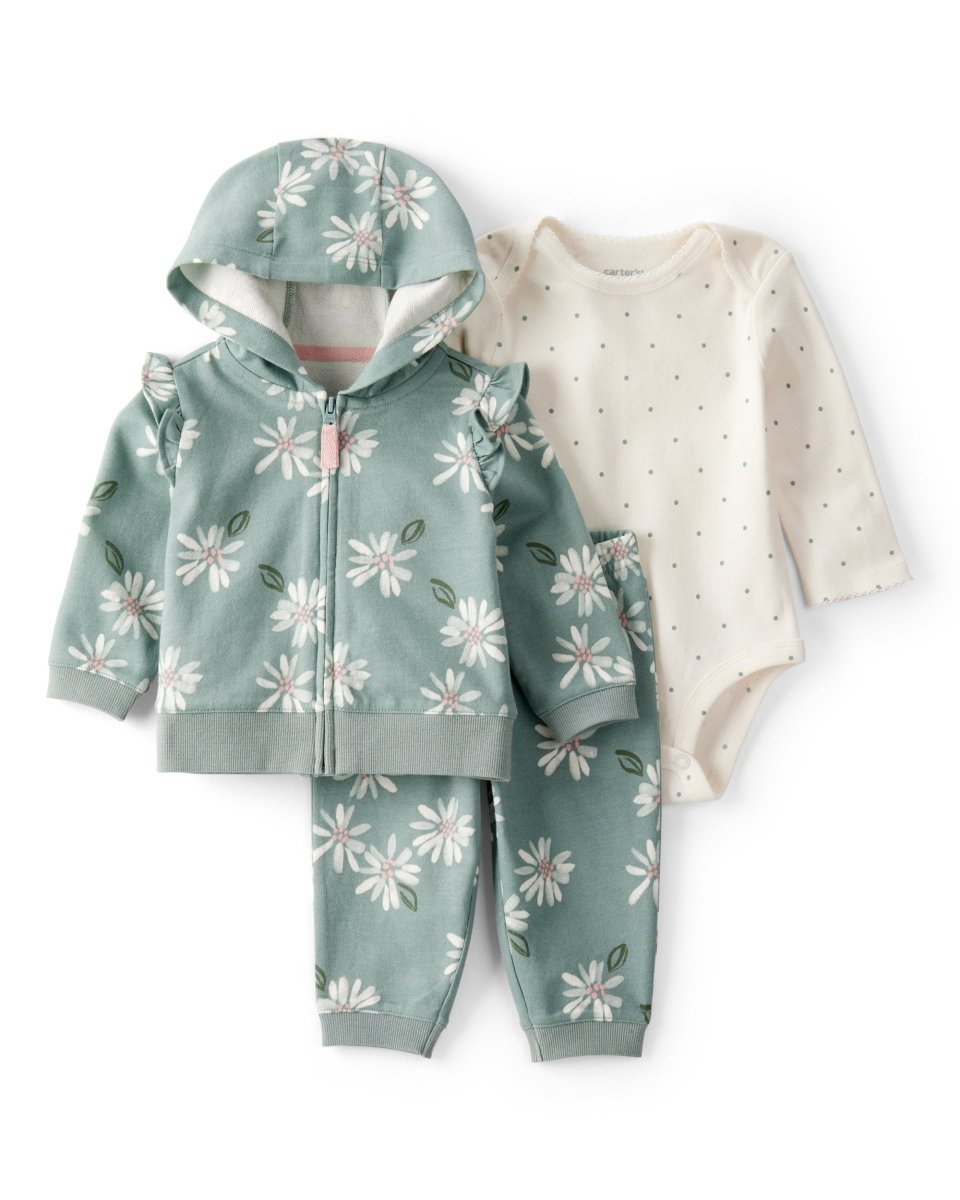 Conjunto 3 piezas de cárdigan verde menta con estampado floral para bebé niña - Carter's