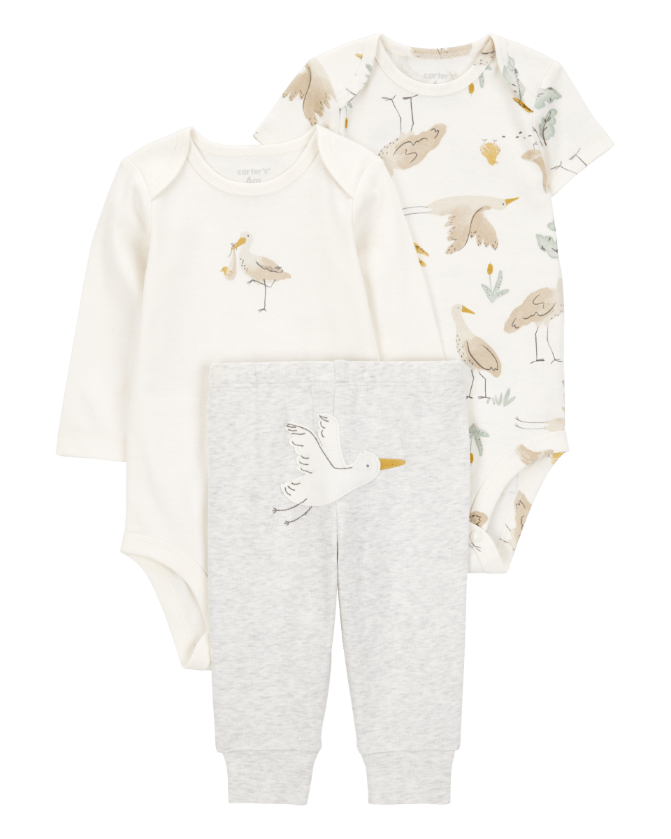 Conjunto tres piezas algodón pantalón y dos bodies diseño cigüeña - Carter´s