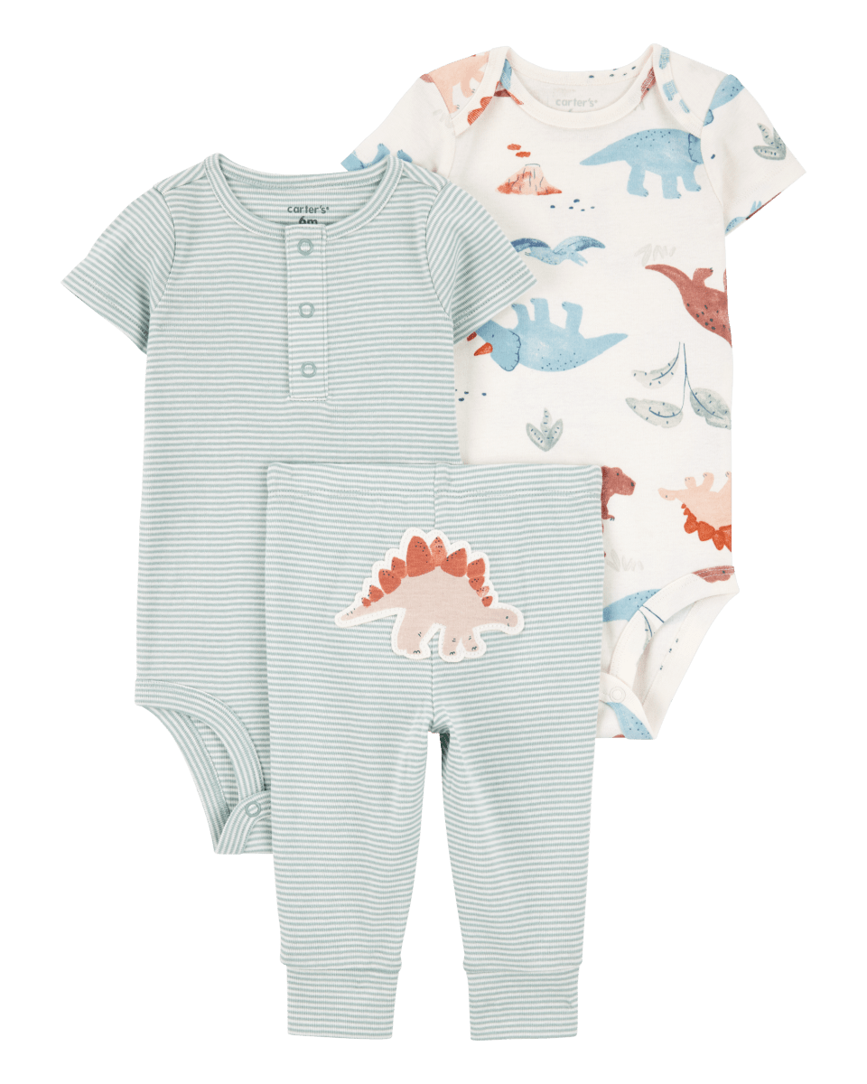 Conjunto tres piezas algodón pantalón y dos bodies diseño dinos - Carter´s