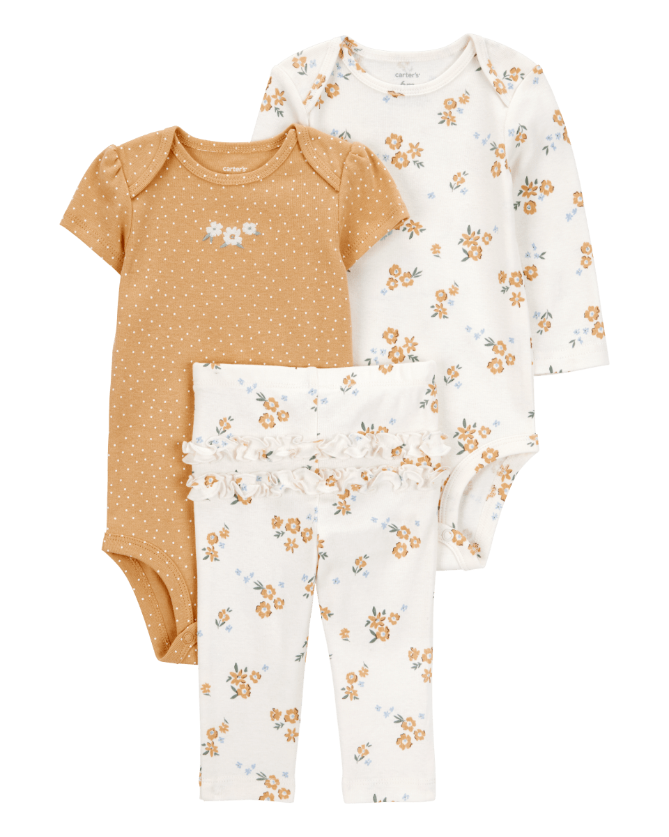 Conjunto tres piezas algodón pantalón y dos bodys diseño floral - Carter´s