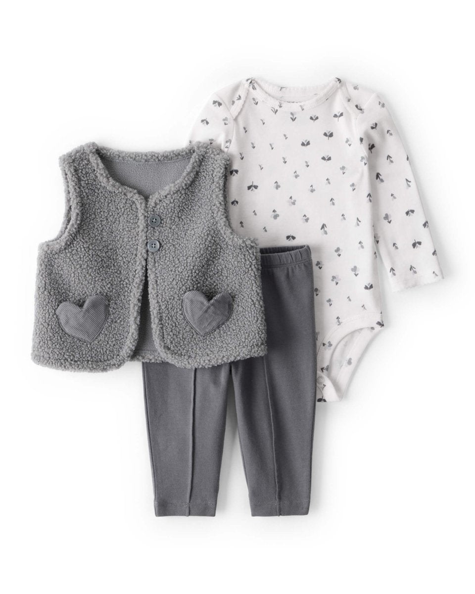 Conjunto tres piezas chaleco de borreguito, body y leggings gris - Carter's
