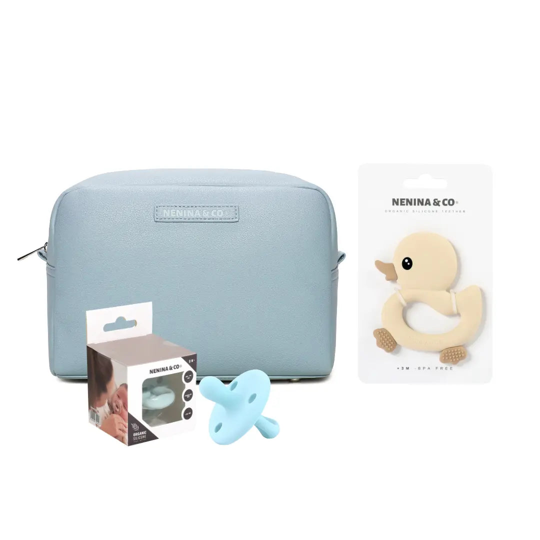 kit Esencial neceser Dusty Blue + chupete clásico + mordedor Nenina & Co 